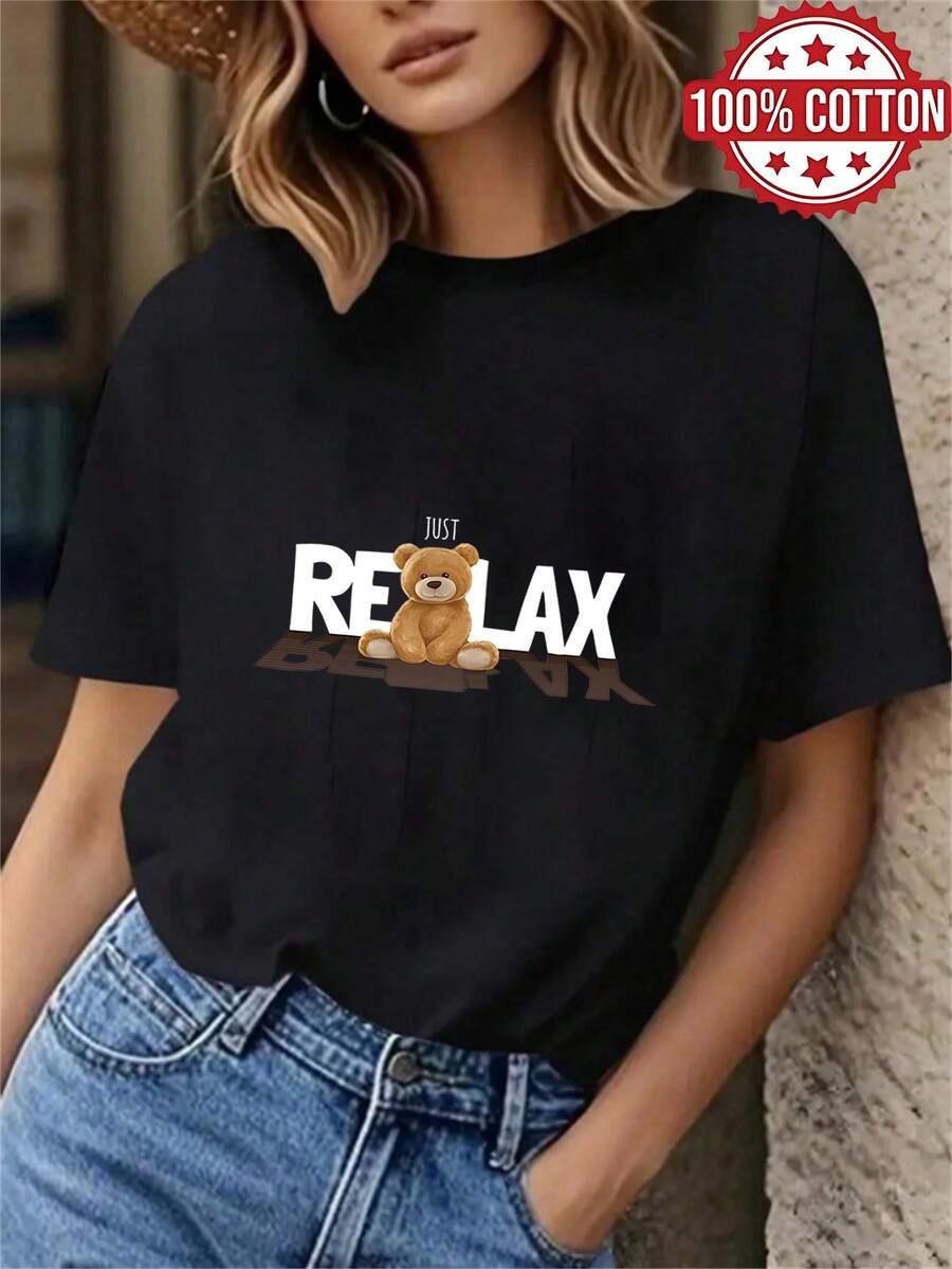1PC 100% Cotton Just Relax Teddy Bear Graphic Print Casual Women's Short Sleeve TShirt Top , Relaxed Fit and Comfortable . - Negro - Ver 1
