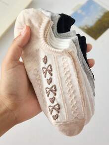 5双装女士短袜，黑白蝴蝶结设计，中筒袜，四季皆宜，颜色随机 - 彩色 - 查看 4