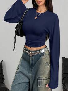 AiTyi Women's Top, Casual Daily Flare Sleeve Ruched Waist Fashionable Design Slim Fit Minimalist Chic Vacation Commute Outdoor Y2K Baddie Back To School Graduation Christmas New Year Thanksgiving Autumn/Winter Knit Crew Neck Long Sleeve T-Shirt, Well Fit - Navy Blue - View 2