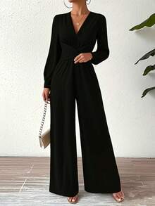 Women's Romper V Neck Plunging Long Sleeve Ruching Overalls Wide Leg Jumpsuit Outfit Casual Dressy - 黑色 - 查看 1