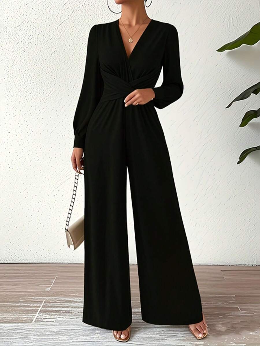 Women's Romper V Neck Plunging Long Sleeve Ruching Overalls Wide Leg Jumpsuit Outfit Casual Dressy - 黑色 - 查看 1