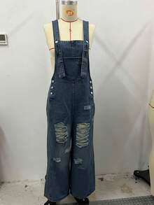 Fashionable & Versatile Medium Washed Distressed Loose Fit Bib Pants - Medium Wash - View 1