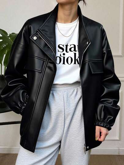 Livesso 女士纯色落肩长袖PU皮宽松休闲常规外套，秋季款