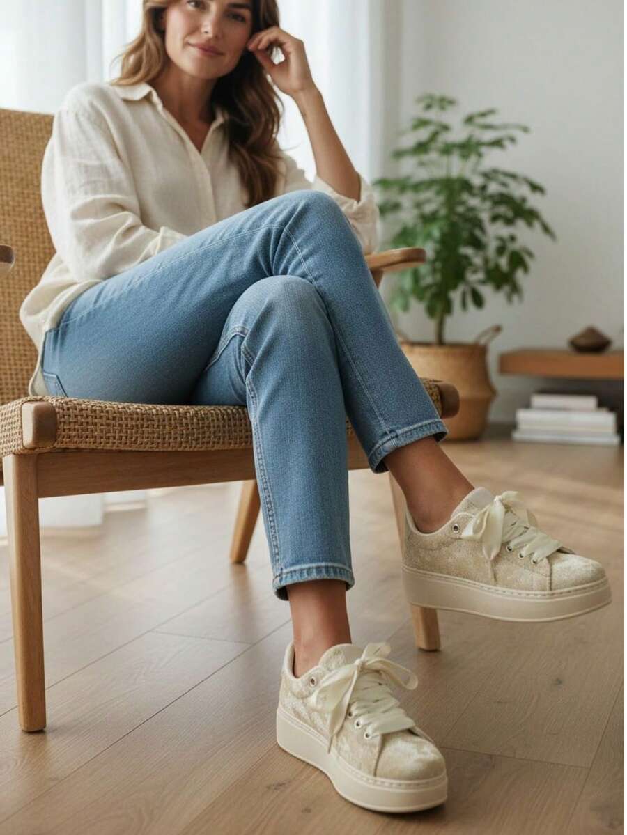 WOMEN'S VELVET SNEAKERS - Beige - View 1