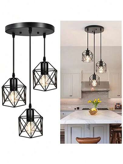 Paquete de 1 luces colgantes ajustables E26, cada lámpara colgante con 3 jaulas negras vintage