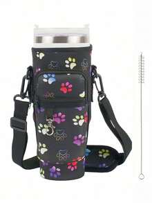 The 1pc Multi-Color Printed Water Bottle Cup Is Equipped With A Transparent Cleaning Brush, An Adjustable Shoulder Strap, A Large Capacity Pocket, And A Keychain, Suitable For Gift Giving And Outdoor Sports Cup Accessories - Multicolor - View 12