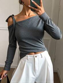 Livesso Femmes Couleur Unie Décontractée T-Shirt Col Asymétrique à Lacets, Manches Longues Printemps Automne Femmes Hauts Épaules Dénudées - Gris - Voir 4
