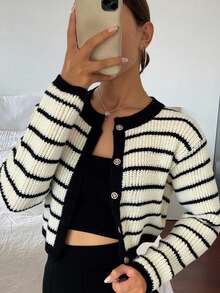 Livesso 女士条纹开衫，长袖上衣，秋冬款 - 黑與白 - 查看 3