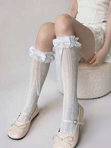 1 Pair White Lace Lolita Knee High Socks, Feminine Frilly Mid,Calf Stockings, Japanese Style Tights, Lolita, Cozy Socks - 彩色 - 查看 12