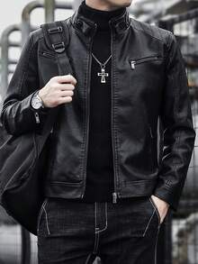 Men's Leather Jacket Coat, Thermal Lined, Thickened For Winter - Black - View 5