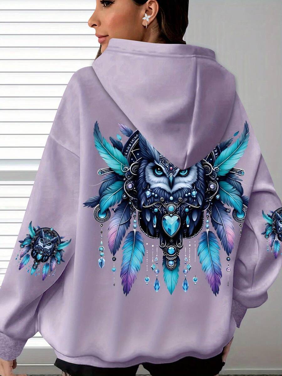 Plus Size, Women's Plus Size Turquoise Blue & Black Print Owl Dreamcatcher Hoodie - Turquoise & Dreamcatcher Bead Design, Oversized Casual Pullover Sweatshirt With Hood, Machine Washable Inspired Clothing, Plus Size Women Clothes, Halloween, Hoodies For Women Plus Size, Womens Clothes, Plus Size Hoodies For Women, Halloween Costume Women Plus Size, Sweatshirt Women, Halloween Clothes Women, Fall Clothes For Women, Plus Size Halloween Costumes For Women, Sweaters For Women, - 粉色 - 查看 1