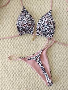 2026 New Leopard Print Pearl Bikini Swimsuit, European Style Tie-Up Tankini Set For Women, Leopard Full Body Print Twist Back Tie Swimwear, Vacation Beach - Leopard - View 3