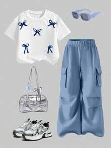 Tween Girl Bow Graphic Print Long Sleeve Top And Cargo Pants Set - White - View 1