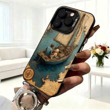 Cubierta de telefono con diseño vintage para iPhone 14 Pro Max color beige con barco antiguo y mapa del tesoro en tonos azules y marrones ideal para amantes de la navegación y aventuras marinas - Negro - Ver 6