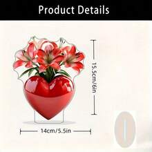 1个心形花瓶装饰 - 红色心形中心摆件，饰以花卉图案，亚克力桌面摆件，适用于家居、办公室、乡村风格 - 情人节、周年纪念日、婚礼、生日、乔迁之喜礼物 - 彩色 - 查看 5