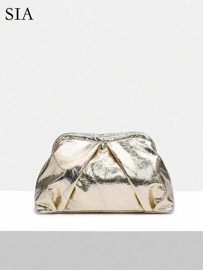 1pc Vintage Minimalist Old Coin Style Women's Solid Metallic Color Angora Crinkle Pleated Cloud Large Clutch Bag Without Strap, Suitable For Going Out, Dates, Parties, Daily Commute