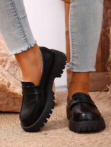 Chaussures noir pour femmes grandes tailles, semelle épaisse, style britannique, chaussures d'uniforme JK, antidérapantes, plateforme, doublure thermique, mocassins, talon haut - Noir - Voir 2