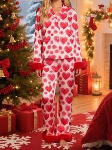 Women Valentines Pajama Set Rose Heart Print Feathered Cuffs Long Sleeve Lapel Tops With Pants 2 Piece Sleepwear - 紅色 - 查看 5