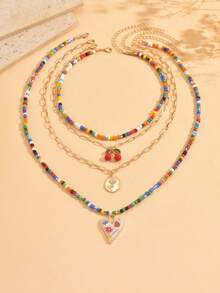 Bộ 4 vòng cổ hạt cườm nhiều màu phong cách Bohemian kèm mặt dây chuyền hình quả anh đào, vòng cổ choker nhiều lớp có thể điều chỉnh thủ công dành cho nữ, thích hợp đeo hàng ngày, đi nghỉ, dự tiệc - Nhiều màu - Xem 2