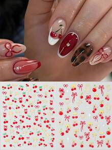 6片红色樱桃蝴蝶结美甲贴纸，情人节金线爱心星星叶子美甲贴花，新年美甲用品，DIY美甲饰品装饰 - 彩色 - 查看 5