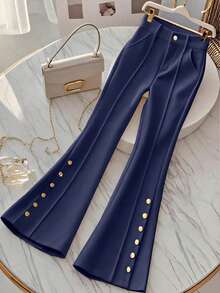 Pantalon évasé à taille haute polyvalent pour le travail quotidien, de couleur unie, avec bouton et fermeture éclair, amincissant pour femmes - Bleu marine - Voir 2