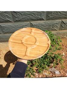 Cesta de frutas de madera con múltiples compartimentos, soporte grueso para aperitivos y desayuno, bandeja redonda para postres y aperitivos - Beis - Ver 4