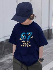Tween Boys Casual Printed Crew Neck Short Sleeve T-Shirt, Summer Top - Navy Blue - View 7