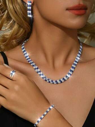 4件套优雅新娘双排锆石项链套装，女士闪亮水晶项链、耳环、手链、戒指，适合晚宴派对