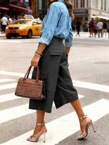 女士新品休闲纯色口袋短款工装裤