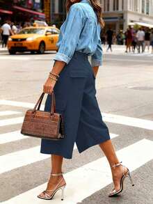 全新女式休闲纯色口袋短工装裤 - 深色水洗藍 - 查看 3