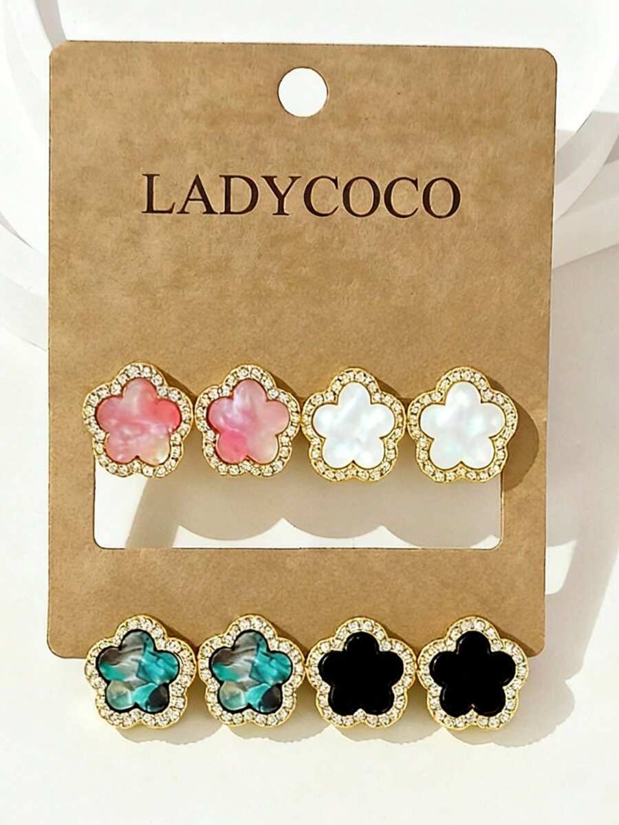 4 Pairs (Large 1.5cm) Fashionable Luxury Sparkling Clover Earrings Set, Versatile Daily Wear Earrings For Women