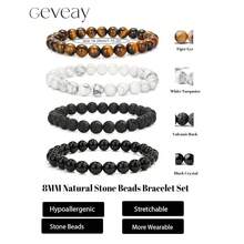Mens Natural Stone Beaded Bracelets 8MM Stretch Adjustable Tiger Eye, Matte Agate, Lava Rock Beaded Bracelet Set For Men Gifts,4 - 4 - 查看 3
