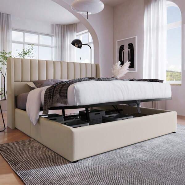 Stauraumbett Polsterbett Hydraulisch Doppelbett 180x200cm, Lattenrost Aus Holz, Bett Mit Lattenrost Aus Metallrahmen, Leinen, Beige
