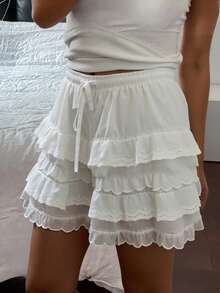 Livesso Women Lace Patchwork Short Elegant Shorts, White, All Season,Skorts Fall - White - View 6