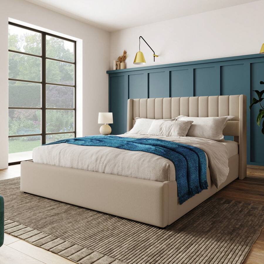 Storage Bed, Upholstered Bed, Hydraulic Double Bed 140x200cm, Wooden Slatted Base, Bed With Metal Slatted Base, Linen, Beige - Beige - View 1