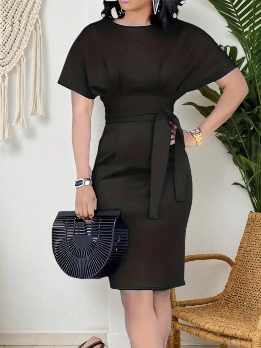Batwing Sleeve Belted Fitted Dress - Black - View 1
