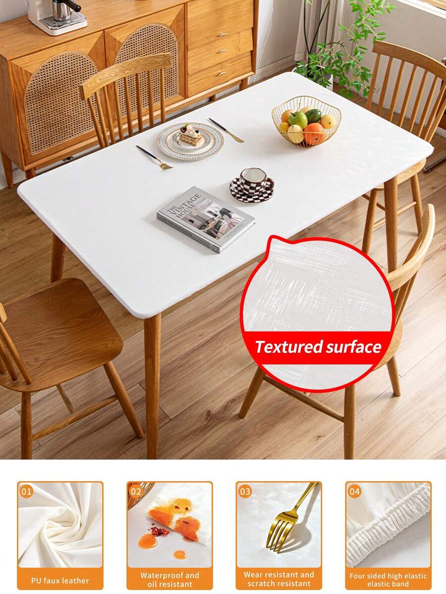 1pc Rectangular Elastic Tablecloth Cover, Waterproof And Oil-Proof Tablecloth, Beige Elastic PU Faux Leather Material, Easy To Clean Tablecloth, Suitable For Dining Table, Dining, Party And Outdoor Garden