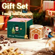 LECHENG HOUSEHOLD 1 Cup 1 Spoon, Gift Box, 400ml Christmas Ceramic Cookie House Mug, Red And Pink, Handmade Hand-Painted Mug, Coffee Cup, Water Cup, Decorative Cup, Hot Chocolate, Winter Cup, Thanksgiving, Christmas Gift, Christmas Eve Gift, Microwave/Dishwasher - Multicolor - View 3