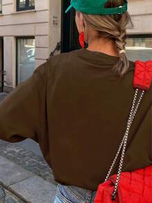 Women's 100% Cotton Solid Color Long Sleeve Casual Crew Neck T-Shirt, Winter - Coffee Brown - View 7