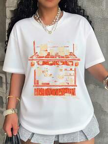 Cute Cat Food Truck Graphic T Shirt For Women And Girls Summer Casual Wear With Pearl Necklace And Gray Skirt Outfit Fashion Streetwear Style - 白色 - 查看 1