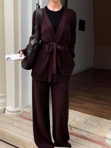 DAZY Women's Casual Solid Color Belted Cardigan And Pants 2 Pieces Knit Set, Autumn - Coffee Brown - View 5