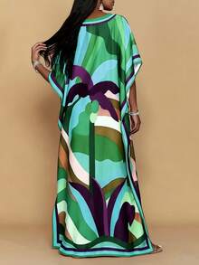 Fashion Casual Printed V-Neck Short Sleeve Plus Size Women Dress Spring - Multicolor - View 2