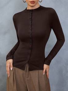 Áo thun nữ thanh lịch, cài cúc, màu trơn, kiểu dáng cổ điển, ôm sát, gợi cảm. - Cà phê nâu - Xem 1