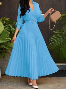 Lightweight Solid Color Pleated Skirt With Belt, Elegant Vintage Dress For Women, Autumn/Winter - Royal Blue - View 1