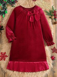 Girls' Elegant Vintage Chic Minimalist Fashion Ruffle Sleeve Long Sleeve Satin Bow Elastic Neck Convertible Off Shoulder/Round Neck Ruffle Hem Velvet Dress, Suitable For Christmas, Halloween, Holiday Parties, Spring & Autumn - Red - View 1