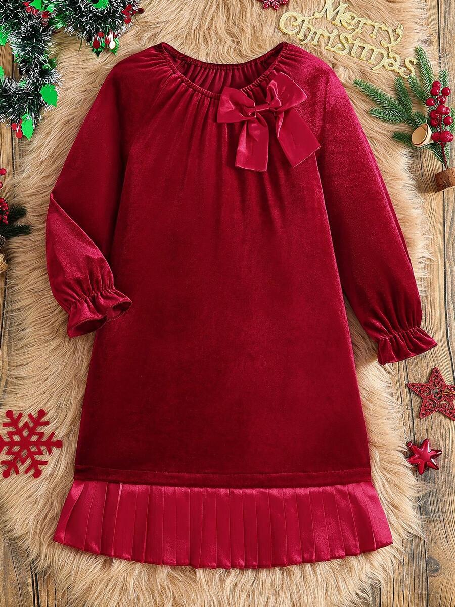 Girls' Elegant Vintage Chic Minimalist Fashion Ruffle Sleeve Long Sleeve Satin Bow Elastic Neck Convertible Off Shoulder/Round Neck Ruffle Hem Velvet Dress, Suitable For Christmas, Halloween, Holiday Parties, Spring & Autumn - Red - View 1