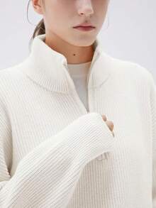 Women Cashmere Oversized Quarter Zip Pullover Sweater Long Sleeve Collared Ribbed Knit Jumper Tops, 2025 Style - trắng - Xem 3