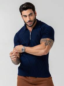 TRICOT DE LUXO Camiseta tricot gola polo com ziper masculino leve texturizado alta qualidade Primavera verão outono qualidade premium - Azul Marinho - Visão 6