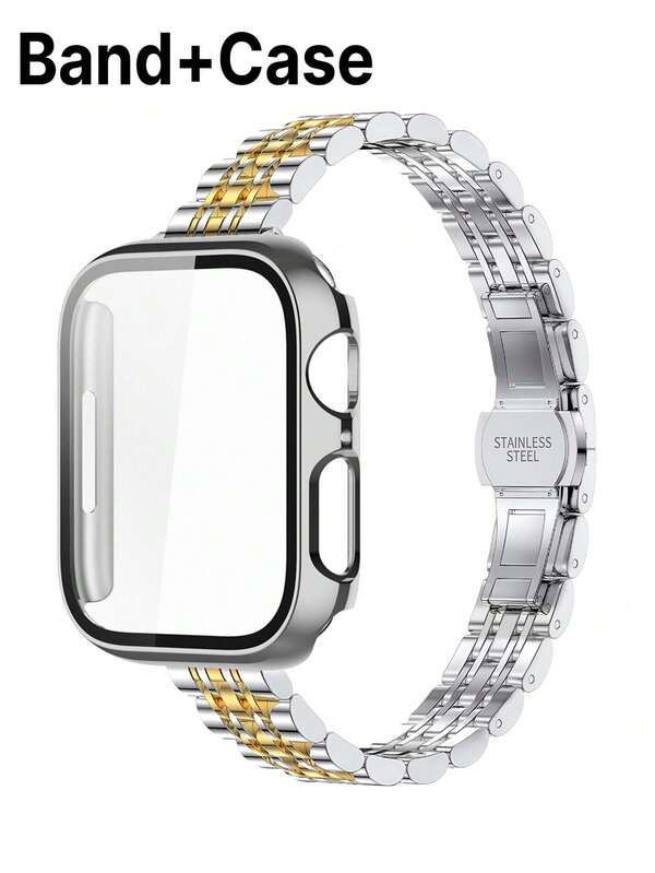 14mm dünnes Silber & Gold Metall verstellbares 7-Perlen Band kompatibel mit Apple Watch Ultra/Serie 3/2/1/SE/S11/S10/S9/S8/S7/S6/S5/S4/S3/S2/S1, 38mm/40mm/41mm/42mm/44mm/45mm/46mm/49mm, mit Bildschirmschutz und Schutzhülle, geeignet als Geschenk für Freund/Freundin, tägliches Outfit Accessoire