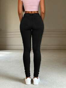 春季新款基础休闲打底裤 简约时尚日常百搭弹力牛仔裤 女款黑色 - 黑色 - 查看 2